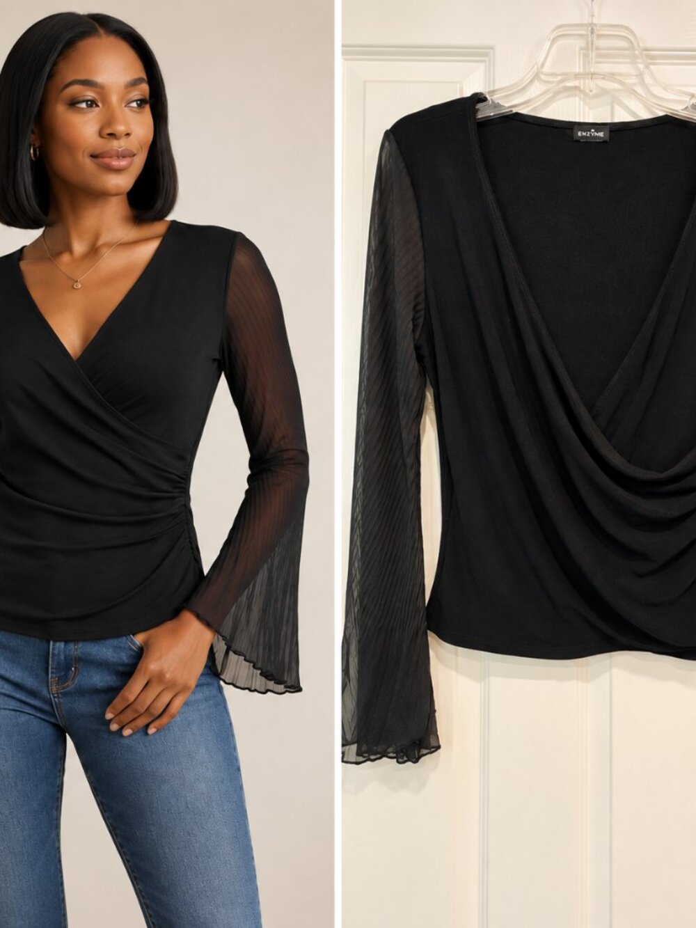 ENZYME Black Sheer Bell Sleeve Draped V-Neck Ruched Top Small